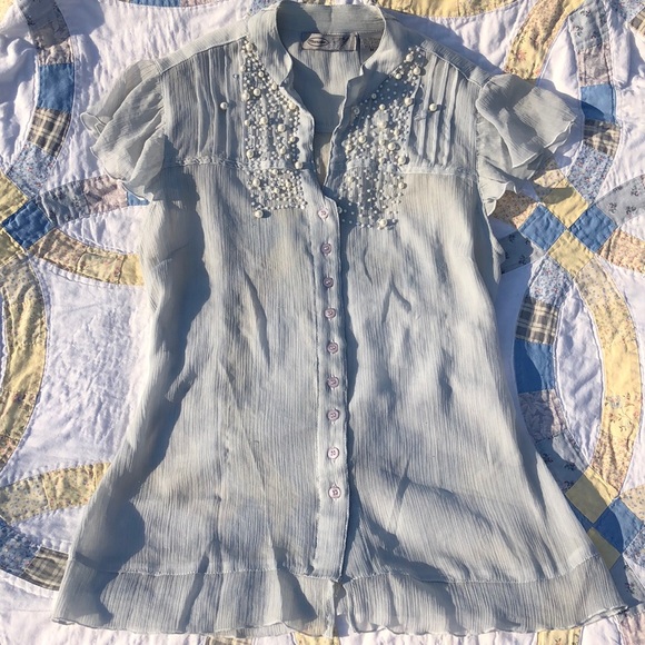 Sheer Ruffle Pearl Sparkly Babydoll Blouse - Picture 2 of 6